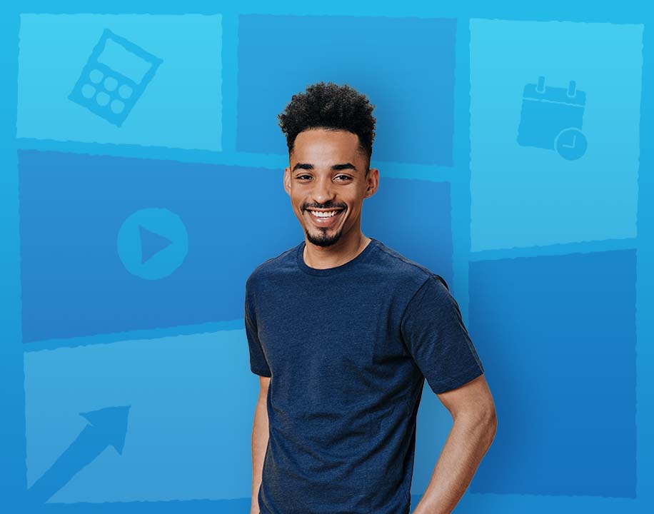Man in a T-shirt if front of a blue background with illustrations?