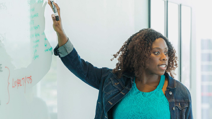 A woman writing on a whiteboard